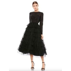 Mac Duggal #26299 Black Long Sleeve Ruffle Tiered Midi Dress